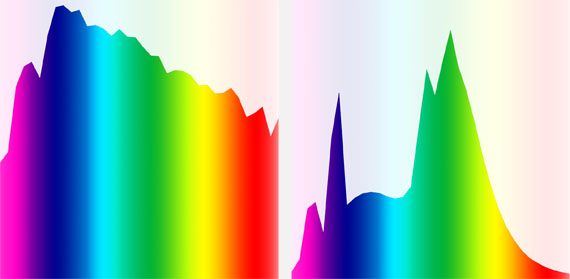 Das Spektrum des Sonnenlichts (links) und einer Sparlampe (rechts)